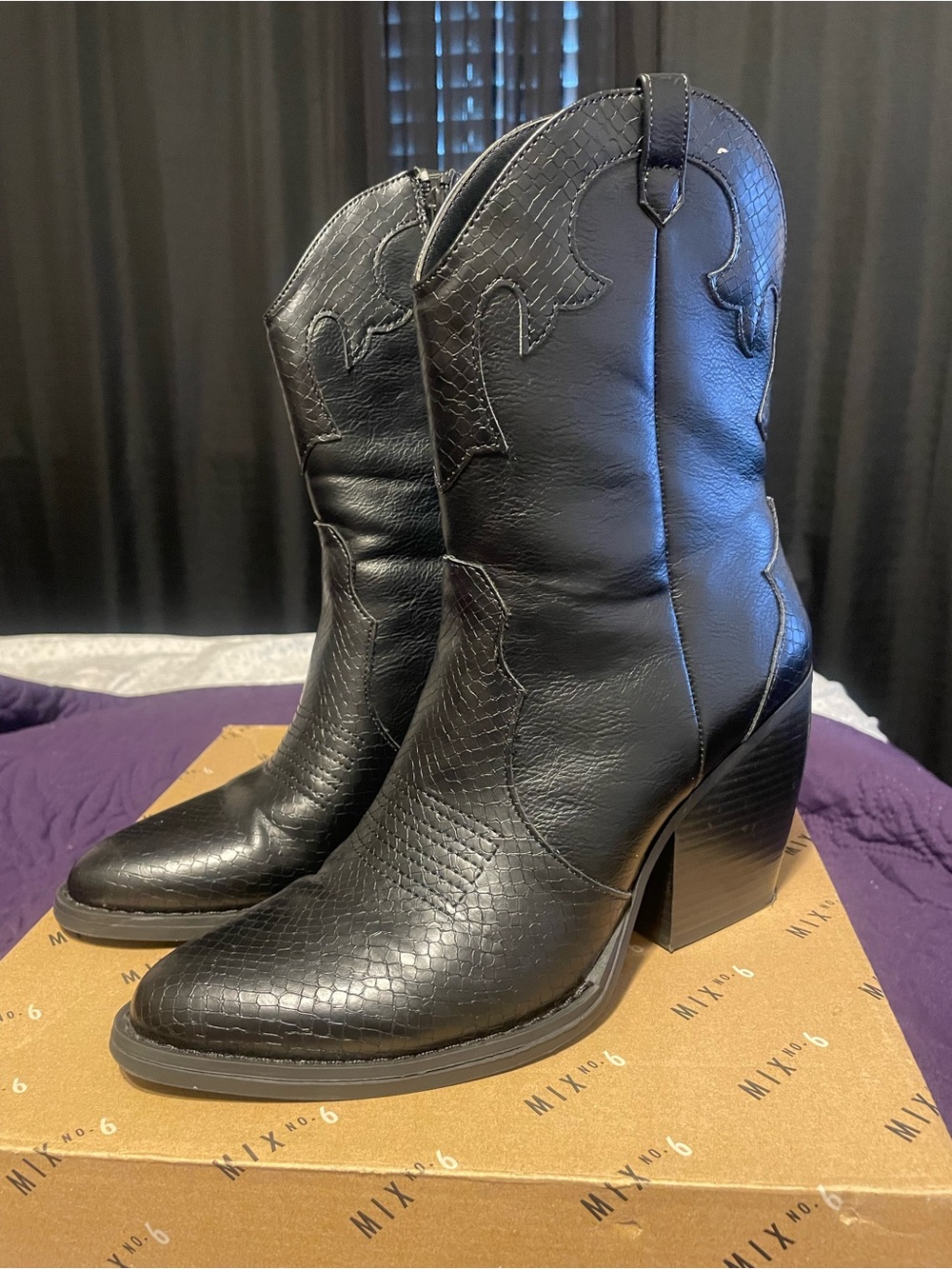 Mix No. 6 Black snake textured Leather Western Block Heel Boots